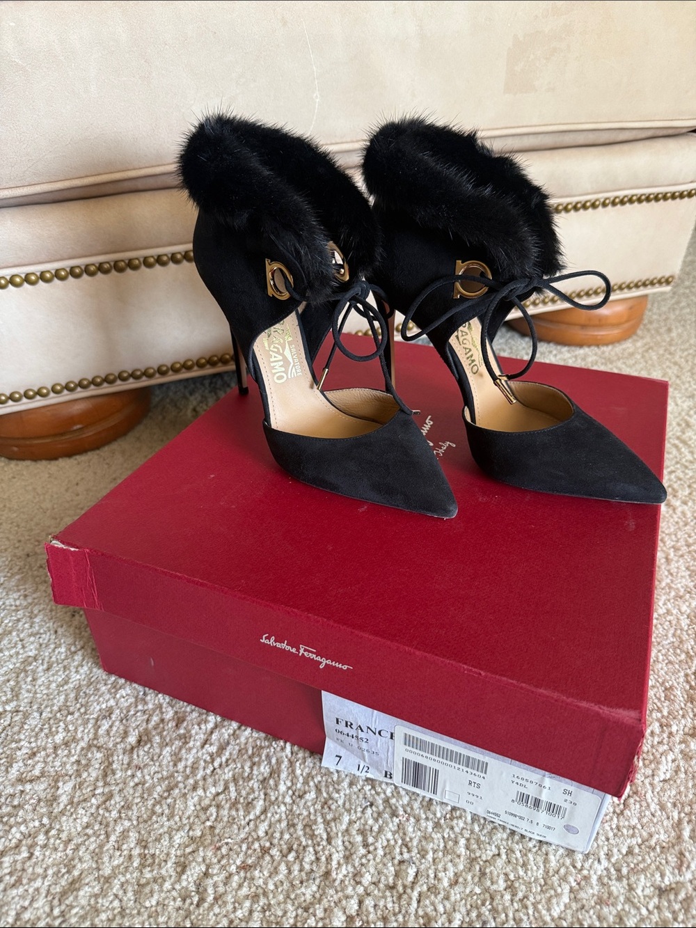 Salvatore Ferragamo Black Suede Pointed-Toe Mink Fur Cuff Lace Pumps